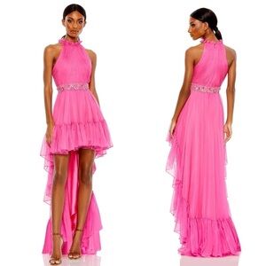 NEW $498 MAC DUGGAL 68029 PINK HALTER NECK HIGH LOW FLOWY CHIFFON GOWN  Size 2